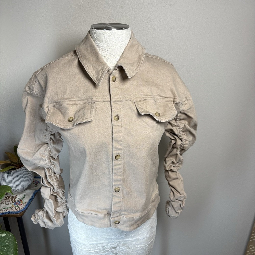 Bar III Womens M Tan Denim Jacket Ruched Sleeve Twill Cotton Spandex